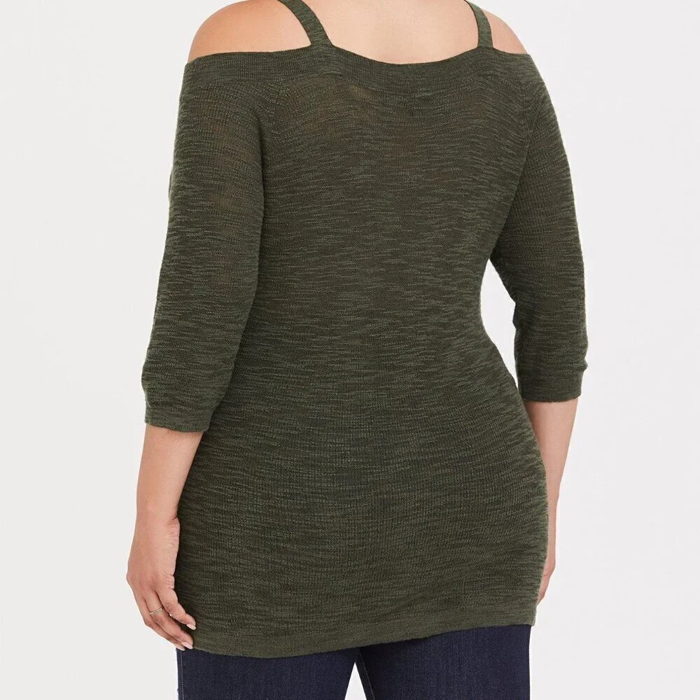 Torrid Slub Pullover Tunic V-Neck Cold Shoulder Sweater Fall 2x NWT NEW olive - Picture 4 of 11